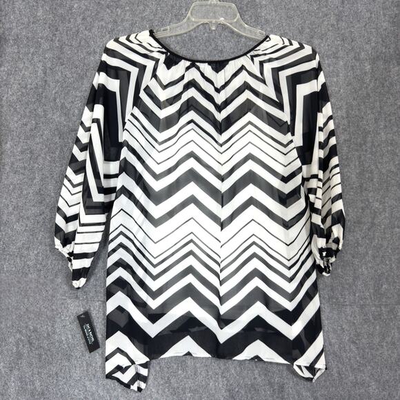 Sheer Chiffon Chevron Chic Tunic w/Tank L Asymmetric Hem Black/White Boho Flowy - Picture 3 of 15